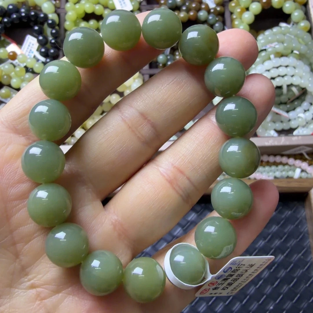 和田玉（青玉）未镶嵌手链新疆料若羌糖青玉卡12圆珠