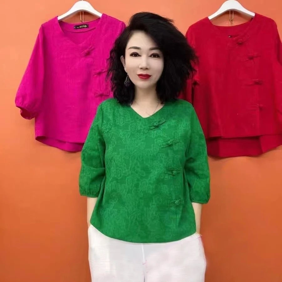 2025夏季新款宽松大码妈妈装气质显瘦民族风时尚T恤女士上衣