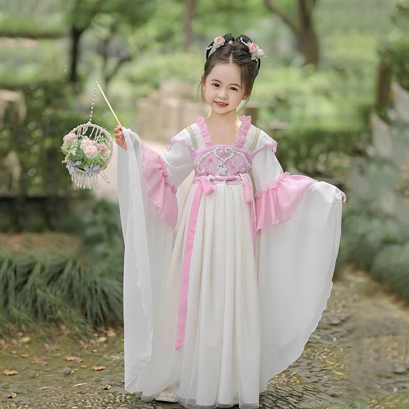 女童汉服中国风古装连衣裙儿童白色汉服裙嫦娥玉兔花神古筝演出服