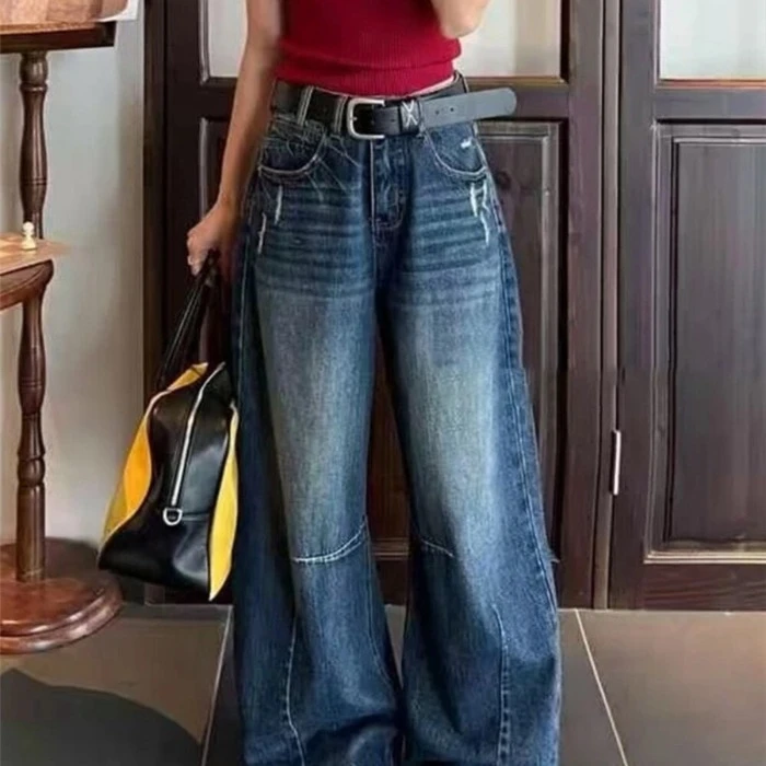 复古高腰阔腿弯刀牛仔裤女秋季水洗宽松显瘦垂感休闲磨破拖地长裤