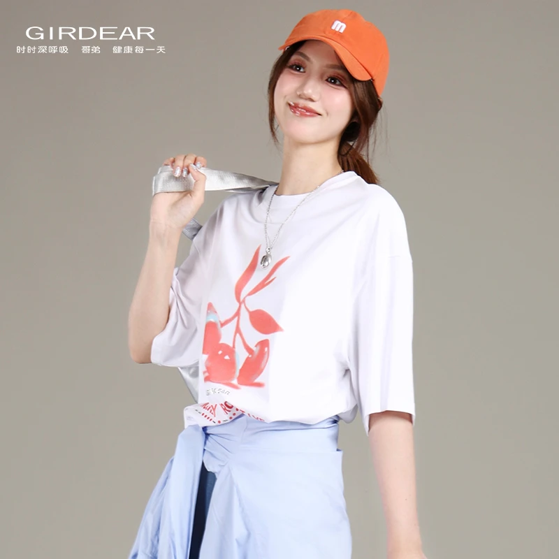 GIRDEAR/哥弟夏季纯棉宽松时尚都市假日圆领女士印花T恤1300865