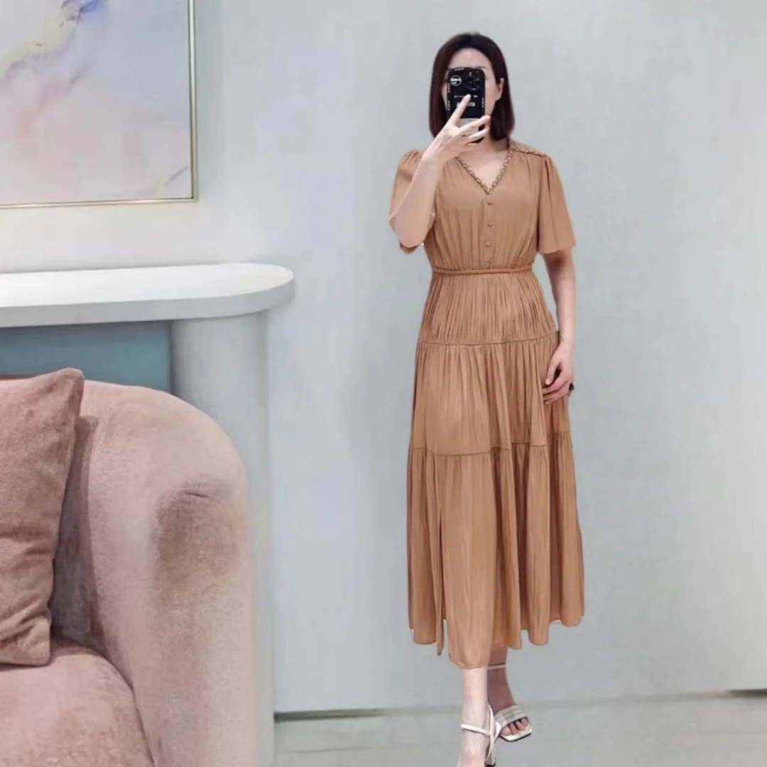 歌家*同款查小姐25春夏新款法式收腰V领多层褶女式夏季气质连衣裙