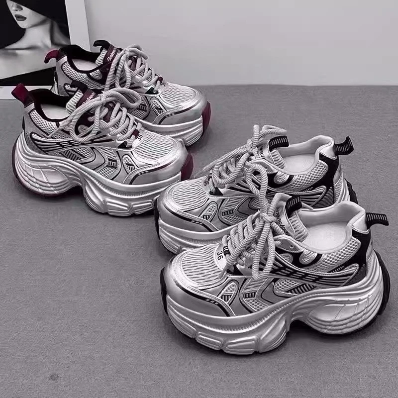 超火8cm厚底鞋女休闲鞋老爹女鞋内运动银色显脚小个子小2025新款