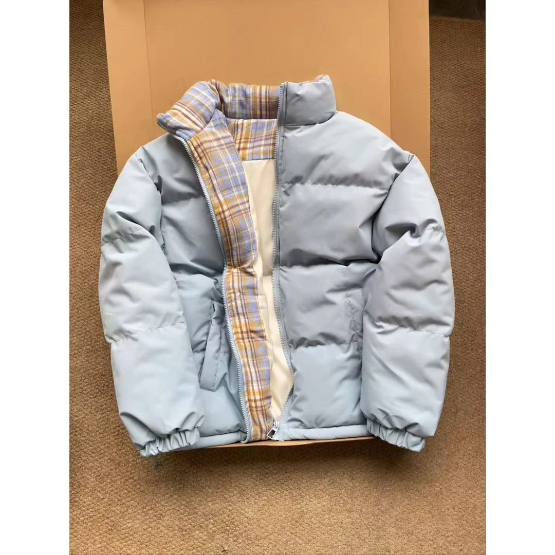 美式立领格子拼接棉服男女秋冬防寒棉袄加厚棉衣百搭外套夹棉短款