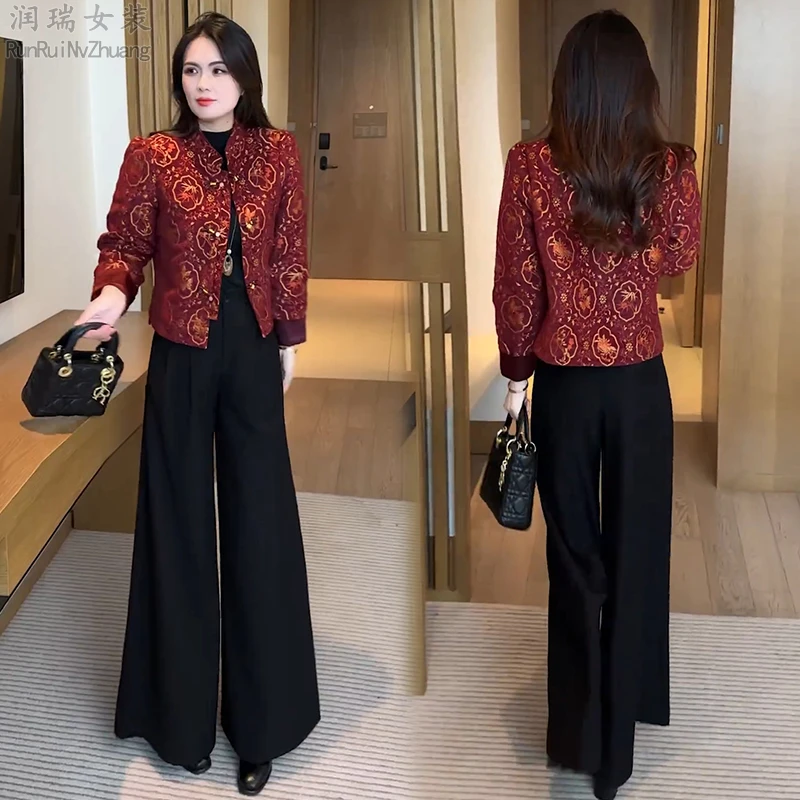 新中式穿搭气质国风夹棉棉服女2025秋冬新款时尚洋气提花短外套潮