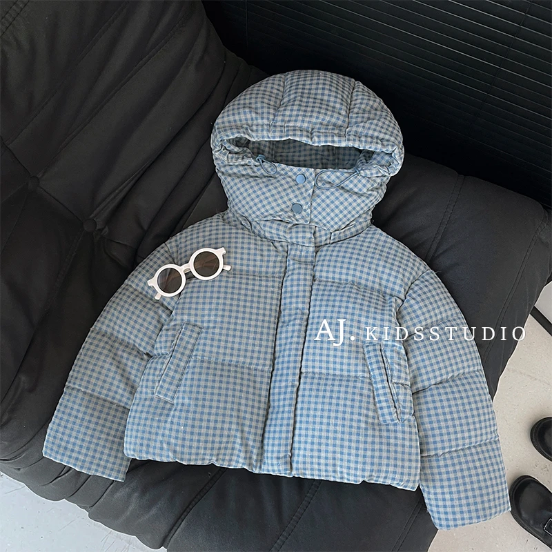 【现货】阿卷冬装韩版儿童蓝格纹双倍加厚保暖日常连帽棉服MPG5463