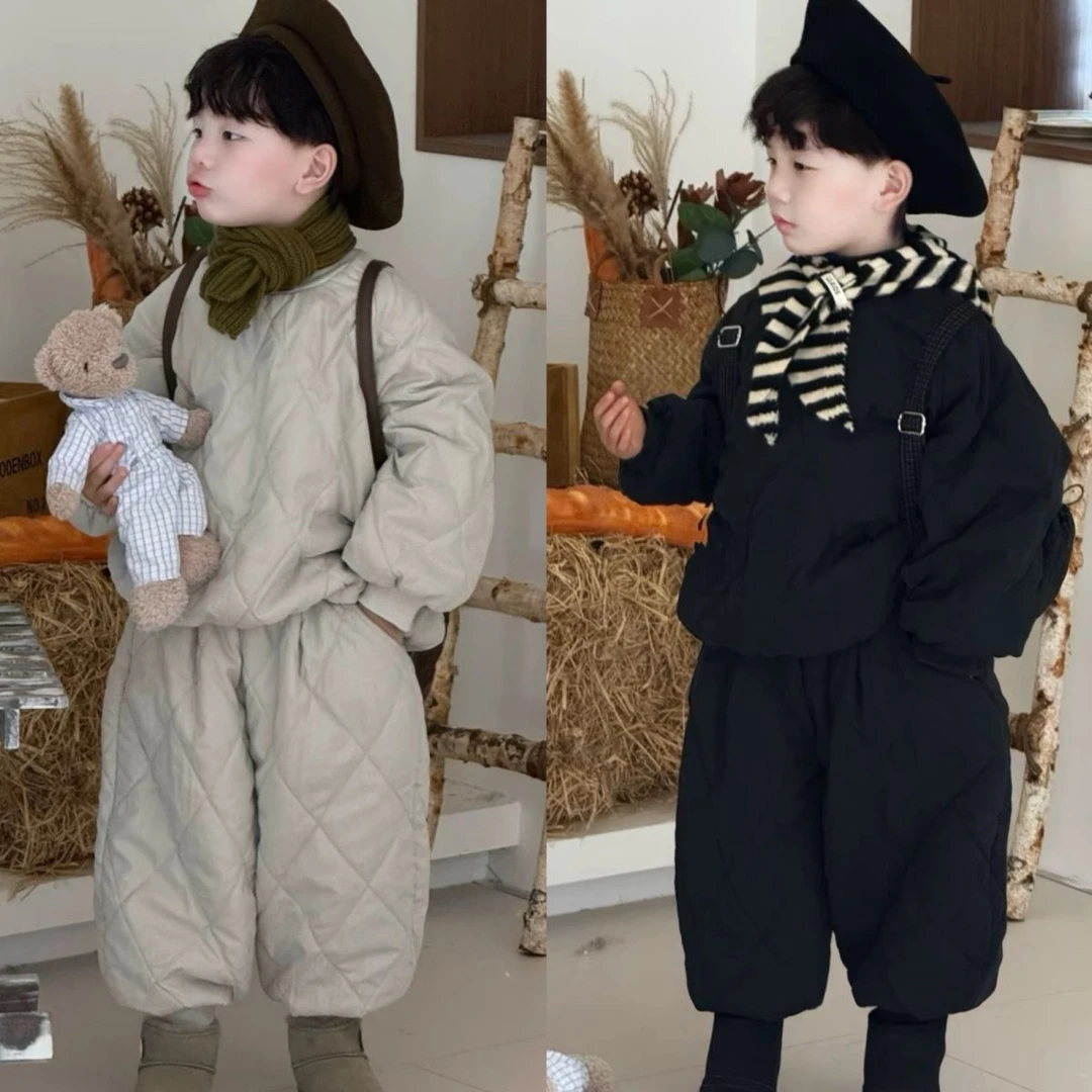 男童冬款行绵加绒加厚套装2025新款洋气男女宝宝夹棉衣棉服两件套