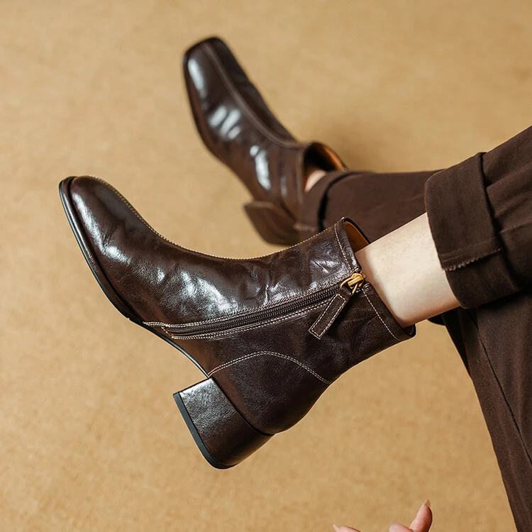 4.5cm~方头粗跟短靴女2025秋冬新款复古棕色真皮百搭舒适及踝靴女