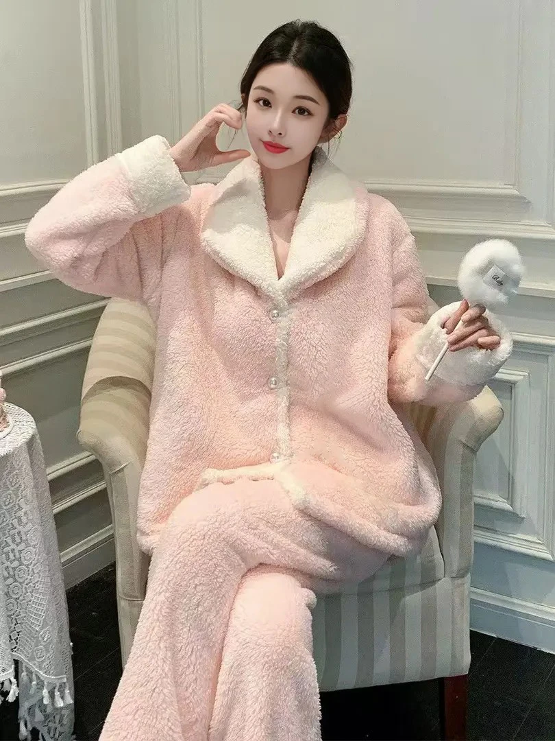 （Z）睡衣秋冬款女珊瑚绒气质加绒加厚保暖套装甜美家居服外穿