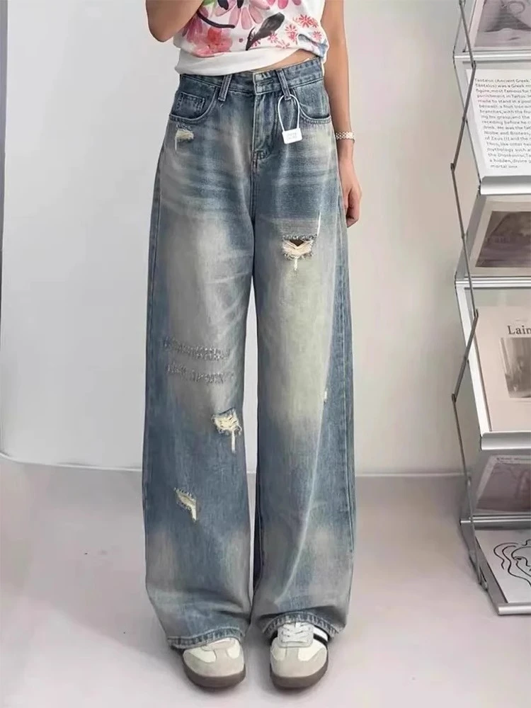 梨型身材破洞牛仔裤女夏季新款胖妹妹mm宽松显瘦做旧直筒阔腿长裤