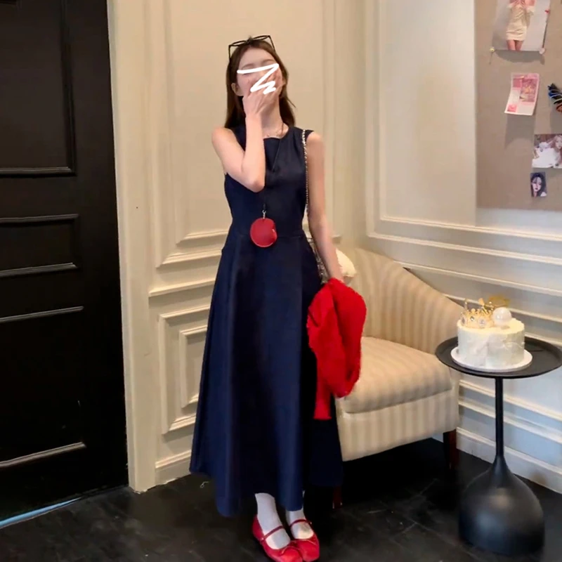 蓝色无袖背心连衣裙子女夏季2025新款小个子穿搭法式气质套装长裙