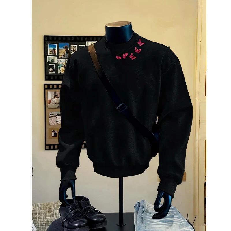 特大码300斤美式重磅无帽卫衣男秋冬ins潮牌宽松圆领长袖休闲上衣