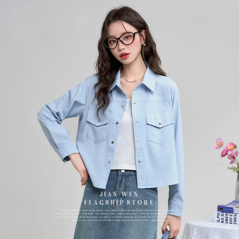 2025春秋新款蓝色学生短款衬衫上衣女宽松小众短款长袖衬衣外套潮