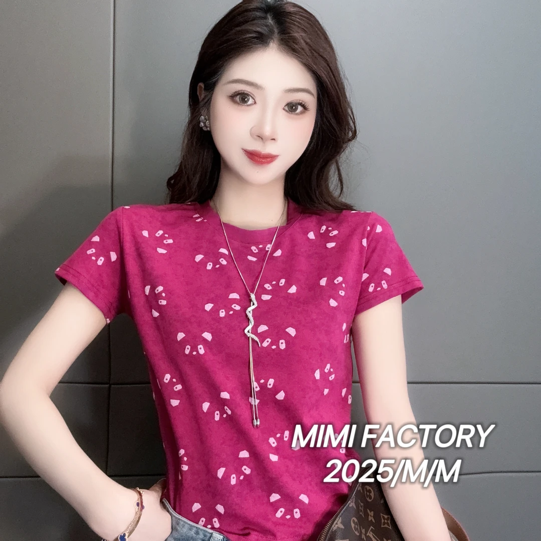 2025夏季新款 欧货晕染花朵短袖T恤女修身显瘦时尚百搭5102#