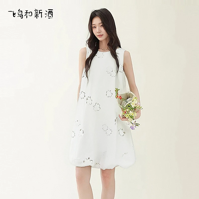 【大瑶】飞鸟和新酒花苞无袖连衣裙显瘦白色气质裙FA53182076