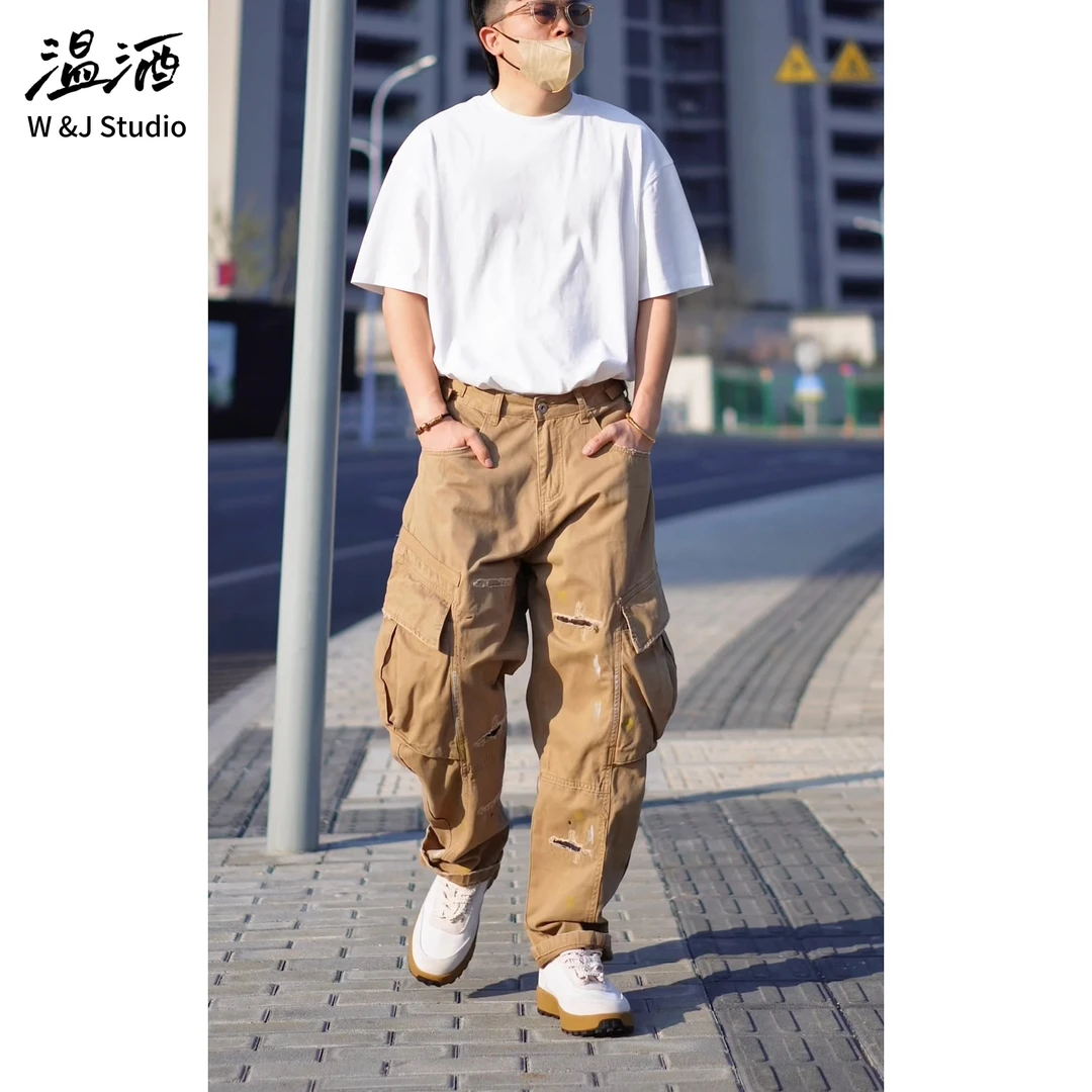 【破坏型微锥版】破坏元素做旧水洗棉质工装裤 宽松锥形长裤