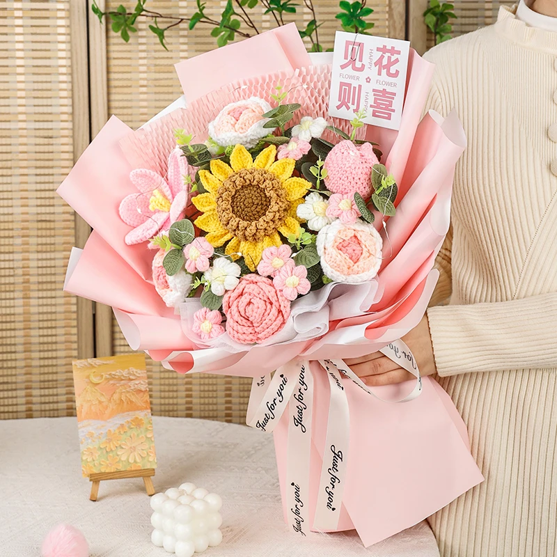 手工编织向日葵花朵针织玫瑰毛线花束生日礼物送女友闺蜜老婆妈妈