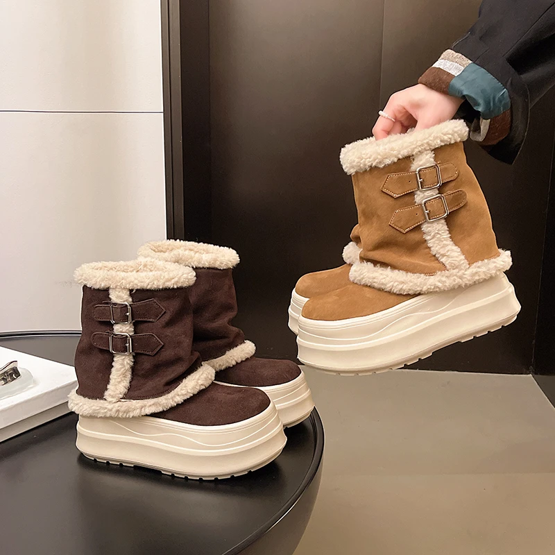 【巨好看】真皮厚底毛毛雪地靴女款2025新款冬季加绒保暖棉鞋短靴