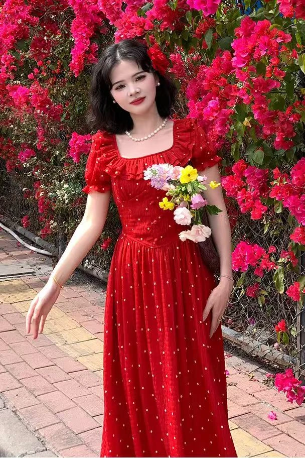 胖MM大码法式短袖连衣裙女夏季小个子别致波点裙子显瘦红色A字裙