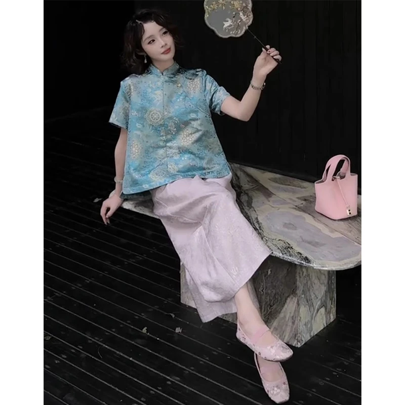 欧洲站2025夏季新中式国风宽松立领衬衫百搭高腰纯色阔腿裤两件套