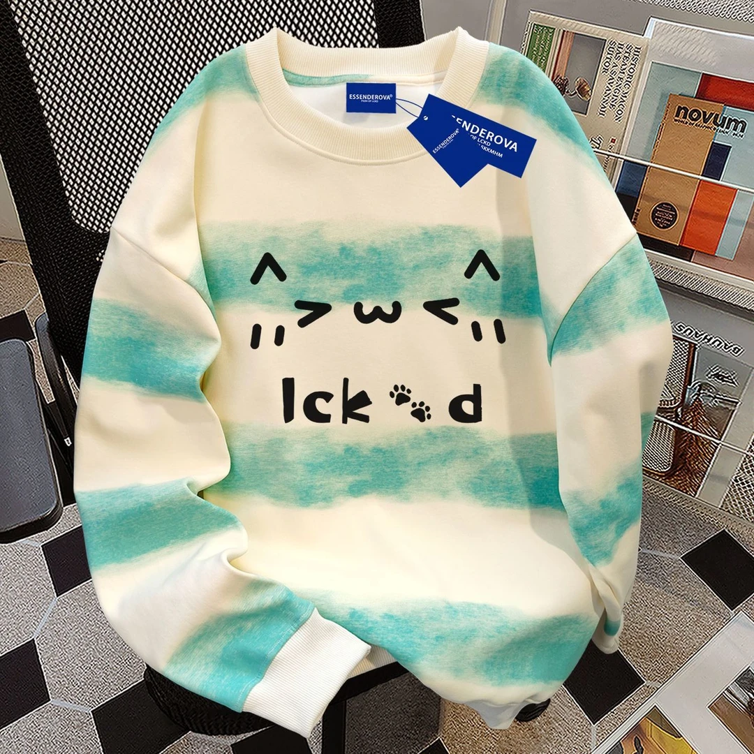 可爱简约宽松显瘦日系男女扎染横条圆领卫衣秋冬季加绒加厚上衣