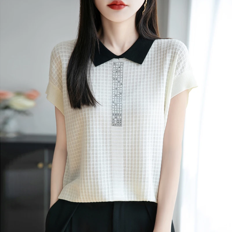 正品哥弟新款2025莱赛尔天丝列夏季洋气翻领短袖针织衫女装时尚