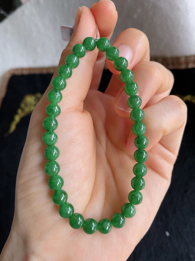 天然翡翠A货冰润满绿满色辣阳绿绿色圆珠手串手链卡5.8mm-2596玉