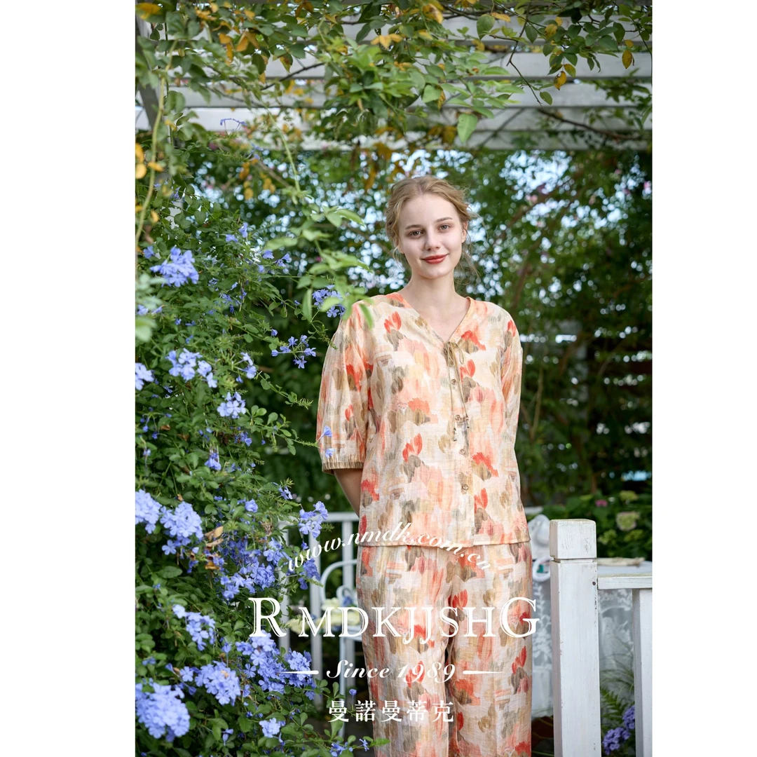 诺曼女薄款睡衣家居服套装收腰印花优雅显瘦女士减龄碎花复古2512