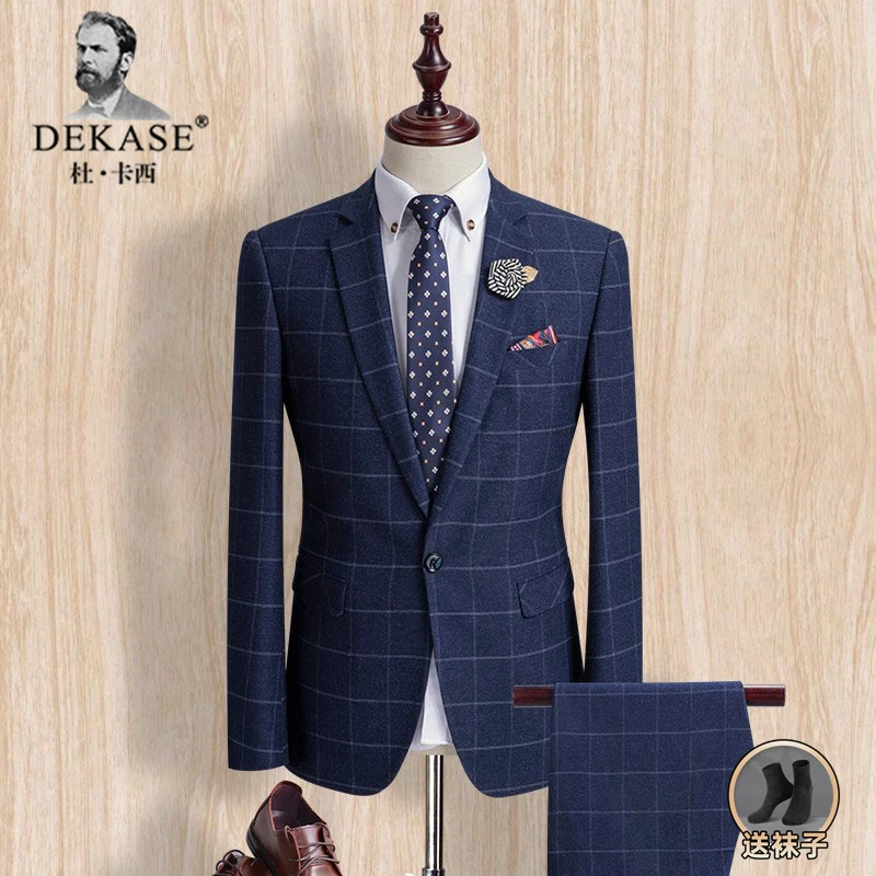 Dekase 时尚西服套装男士绅士西装修身礼服优雅格子西服潮流正装