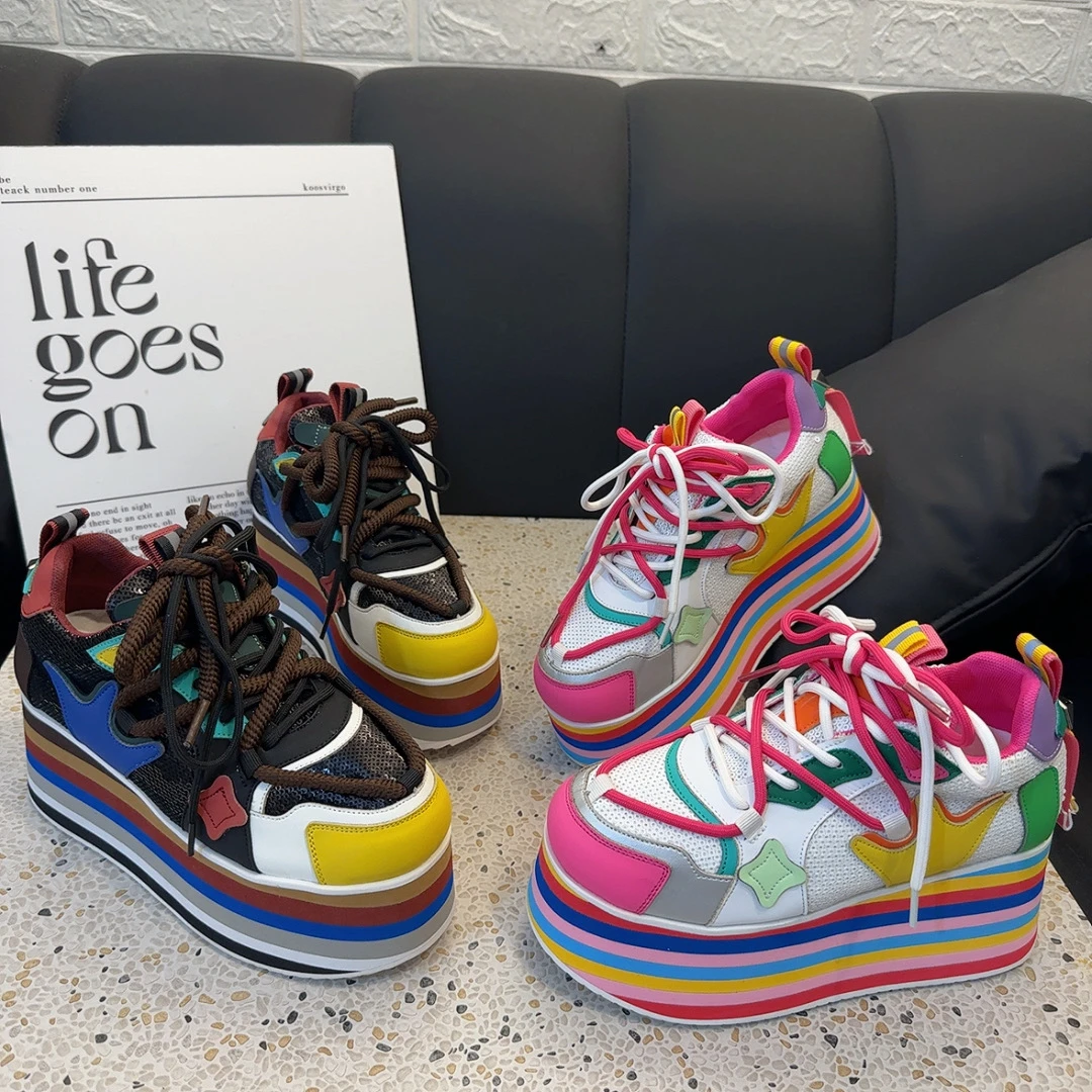 欧洲站彩虹厚底鞋小个子时尚女设计款拼色9cm老爹鞋时装松糕单鞋
