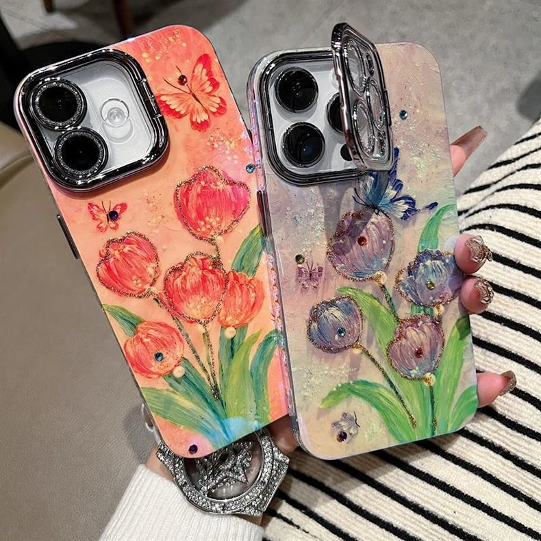 适用苹果系列iPhone16新款手机壳紫郁金香银灰闪粉镜头支架保护套