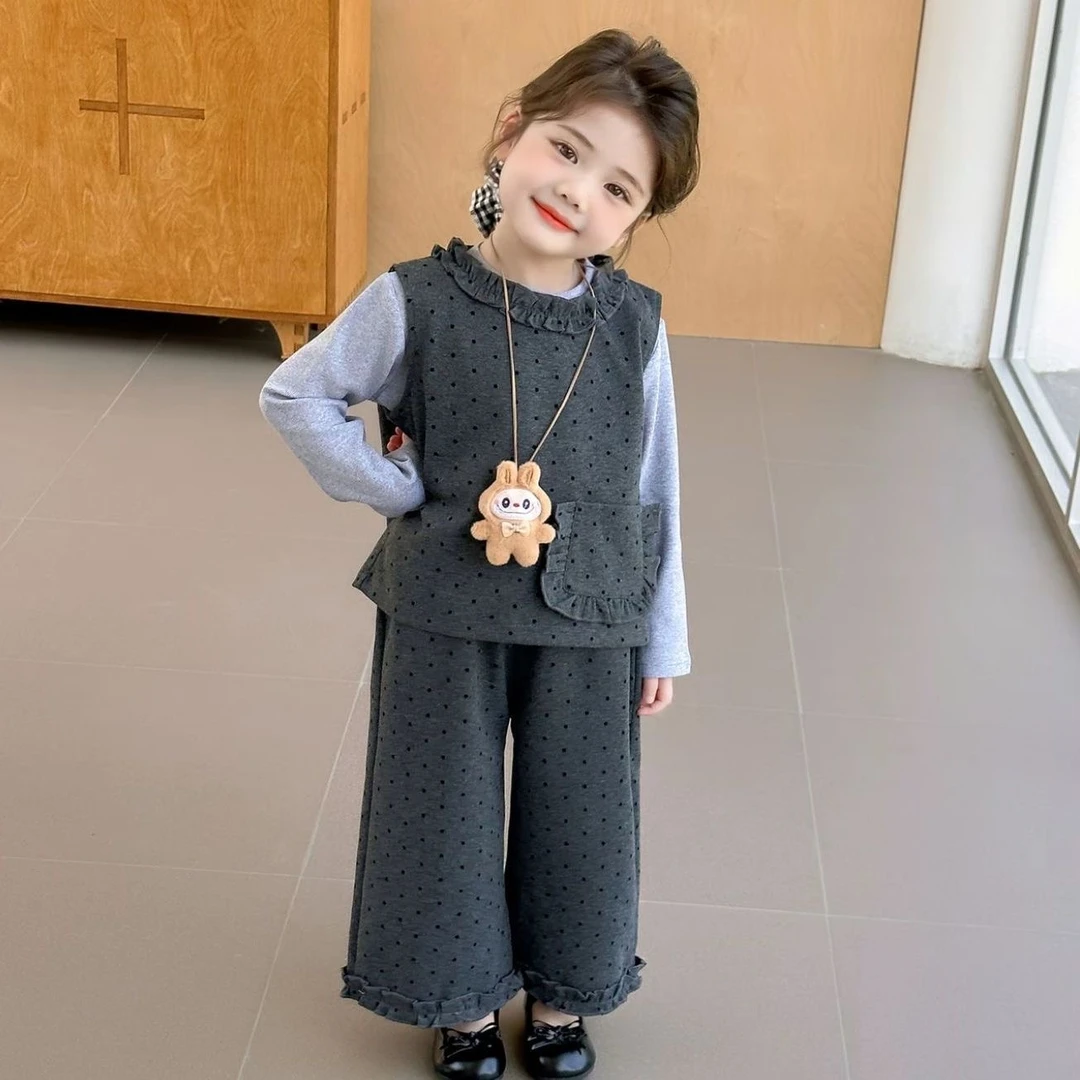 女童春秋套装波点2025新款儿童马甲韩版宽松花边阔腿裤宝宝三件套