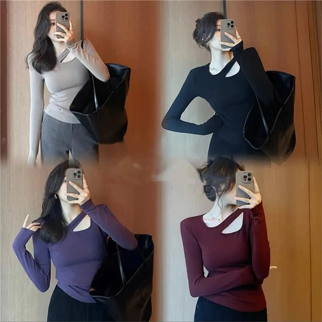 秋冬娄空设计感磨毛欲风右边小心机不规则长袖上衣T恤女打底衫