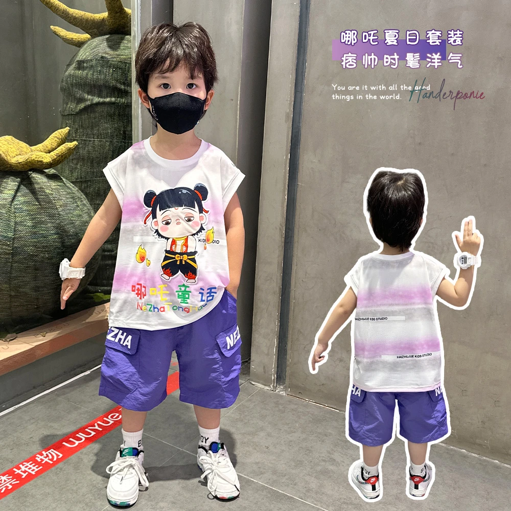 哪吒儿童衣服男童夏季套装2025新款宝宝无袖背心小男孩运动服装