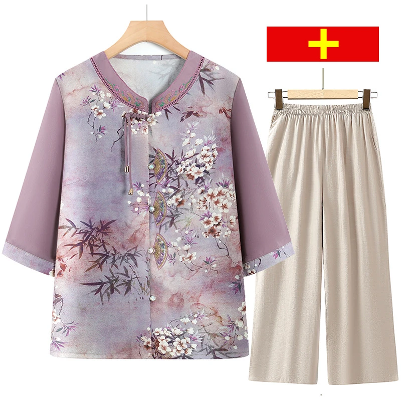 老年人夏季国风衬衫女奶奶七分袖上衣中老年妈妈开衫两件套装衣服