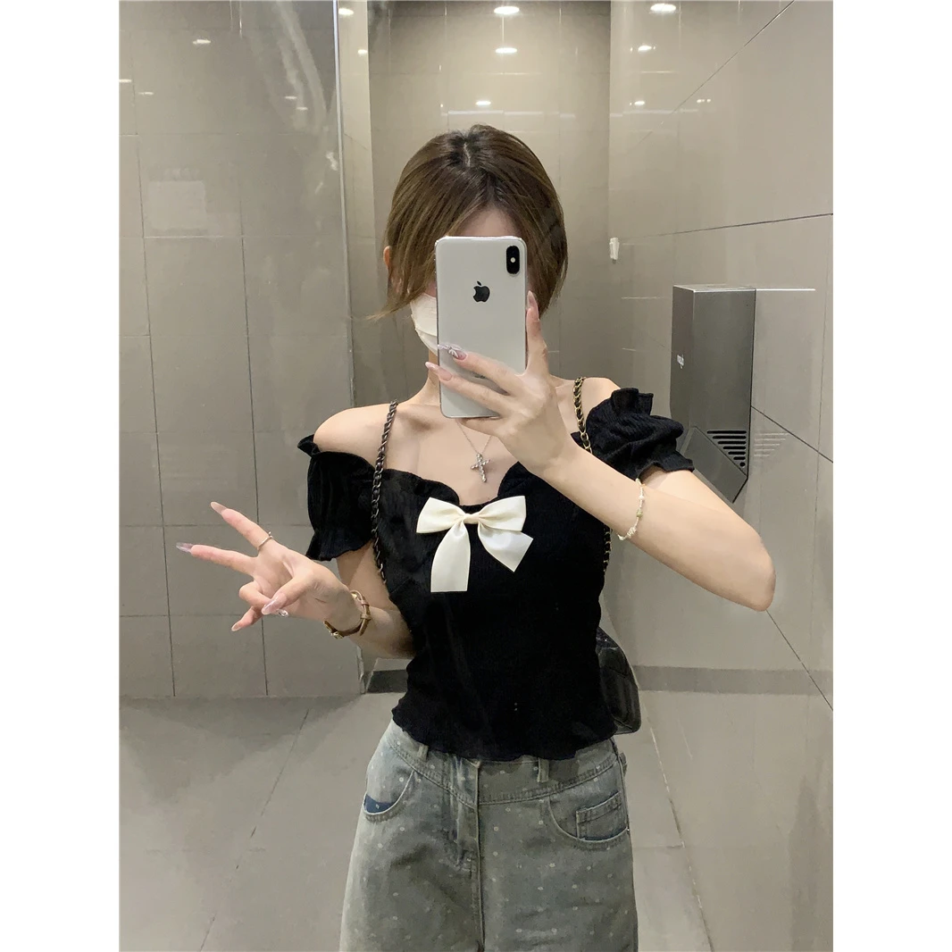 小众黑色蝴蝶结短款正肩短袖T恤衫女夏季新款爆款设计感修身上衣