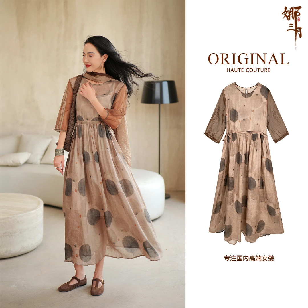 娜三月【苎麻桑蚕丝】复古文艺印花飘逸宽松桑蚕丝袖苎麻连衣裙2871