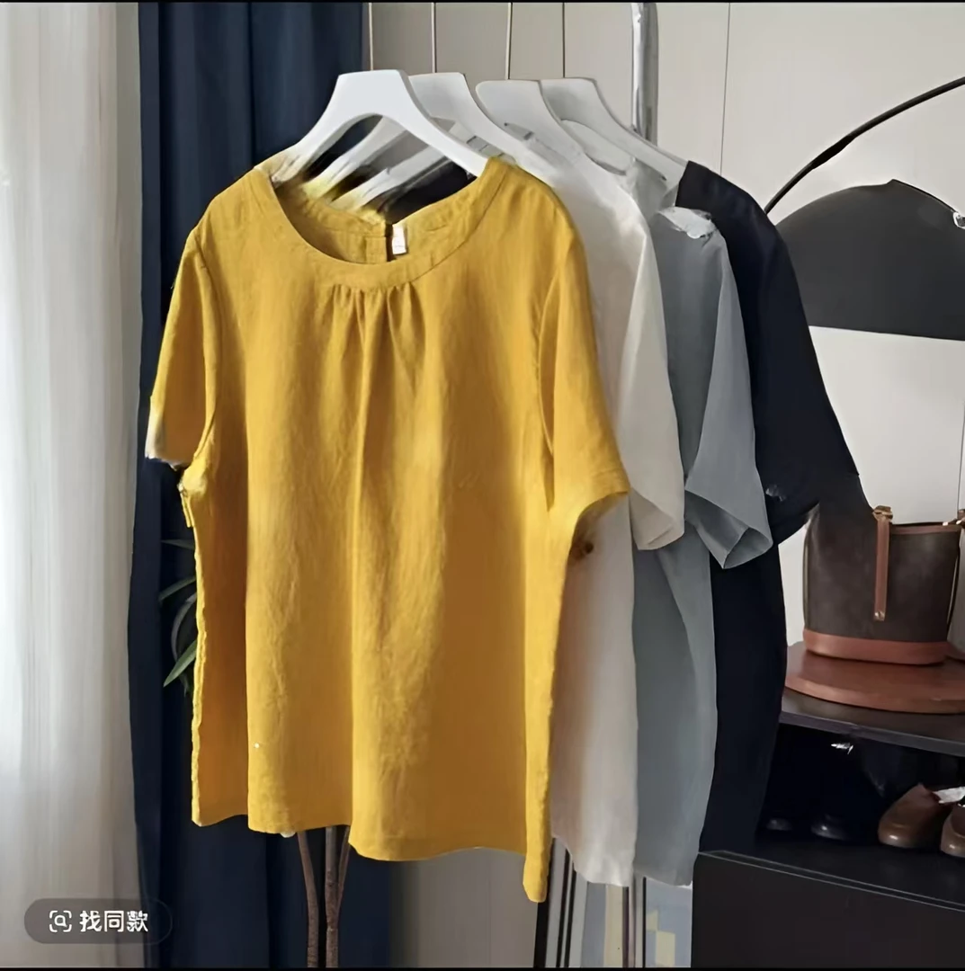 100%亚麻两面穿上衣短袖衬衫显瘦休闲夏季圆领薄款衬衫上衣