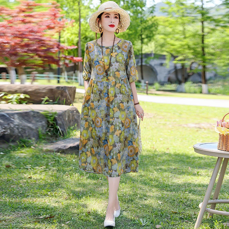复古高端印花棉绸连衣裙夏季新款大码宽松显瘦中长款外穿碎花裙子