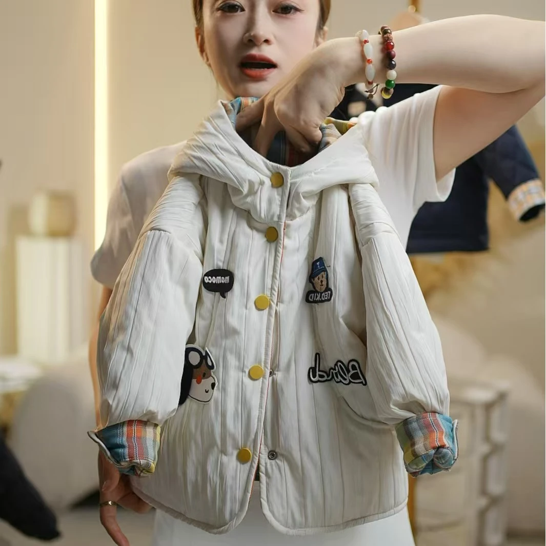 实用正反两穿儿童连帽绗棉外套2025冬季韩版男童女童夹棉棉服