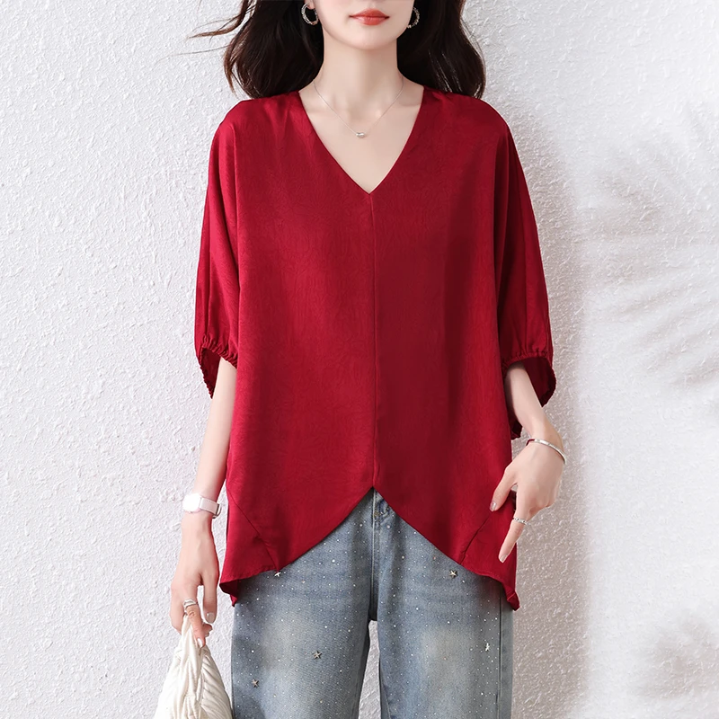 时尚短袖T恤2025夏季新款大码女装宽松遮肉显瘦上衣红色洋气小衫