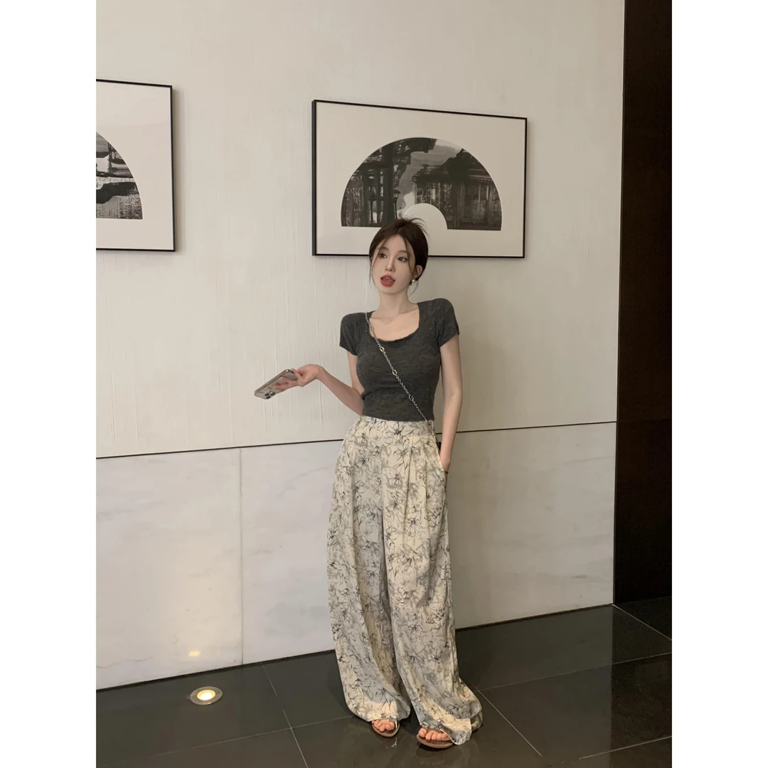实拍实价 复古水墨印花设计感雪纺碎花高腰休闲阔腿长裤