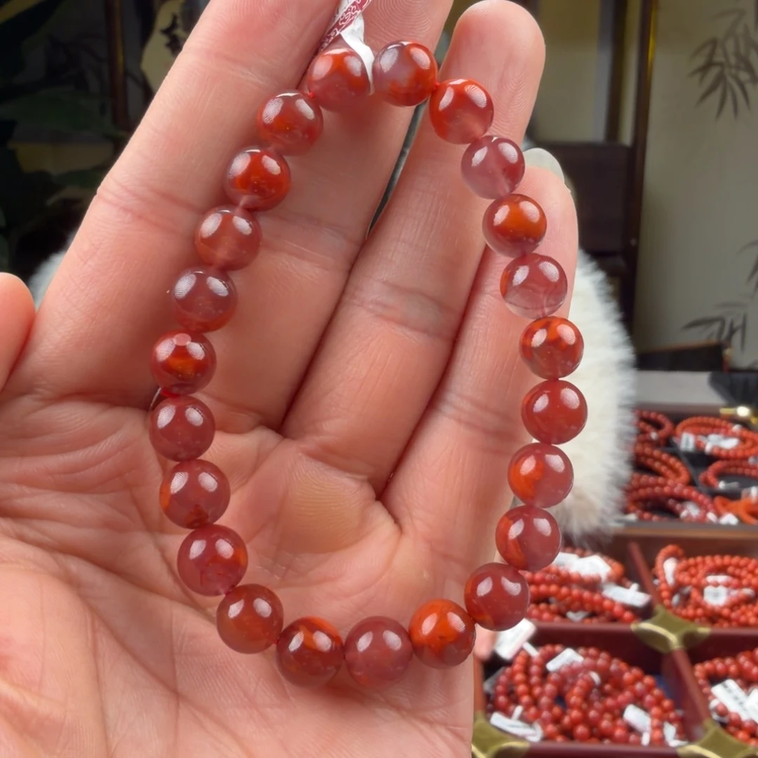 南红玛瑙未镶嵌手链8mm+牛血圆珠单圈