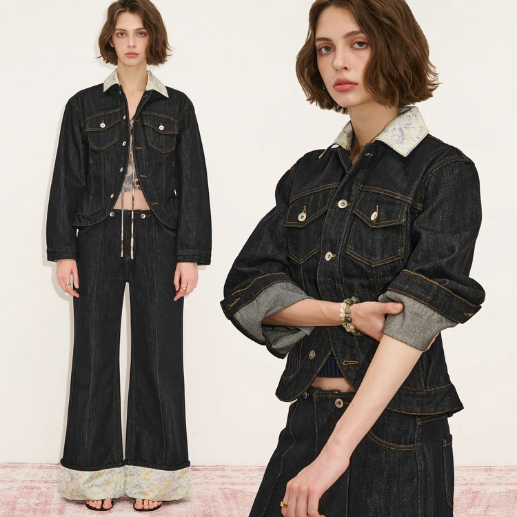 Museum Naps缎面拼接原牛套装圆弧型下摆设计感牛仔夹克秋季外套