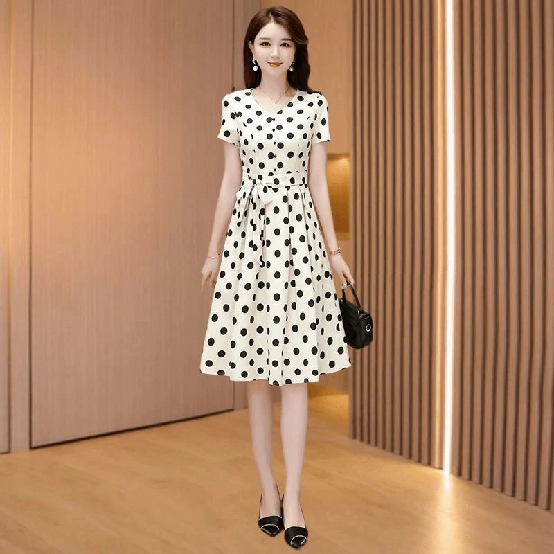 春秋韩版波点连衣裙2025秋季新款女法式气质修身显瘦收腰短袖v领