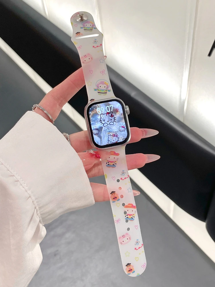 适用苹果手表iwatchS10可爱KT猫7印花S8硅胶applewatchS9女SE表带