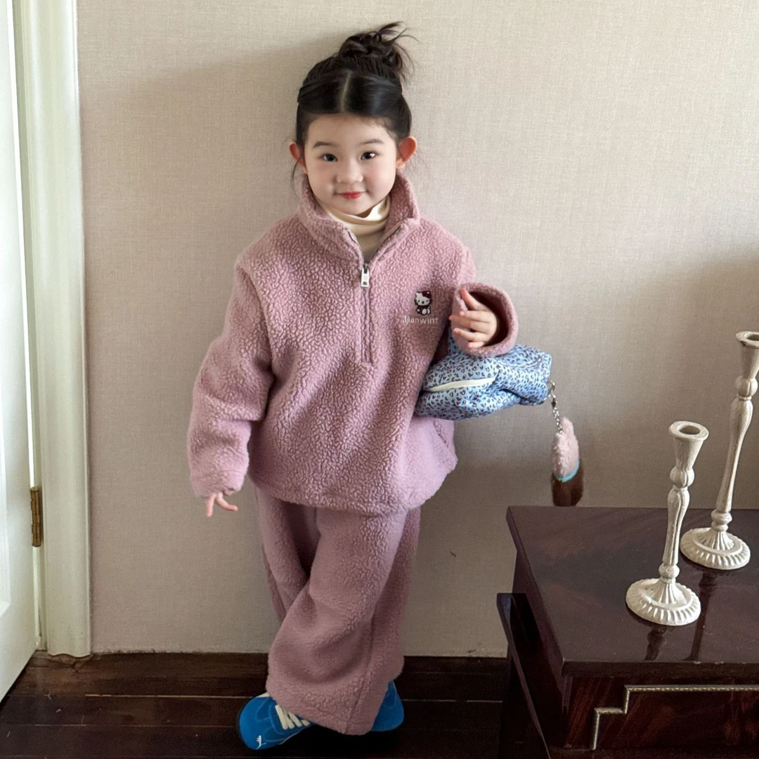 小思家2025冬季新款韩版甜美女童立领加厚羊羔毛卫衣卫裤休闲套装