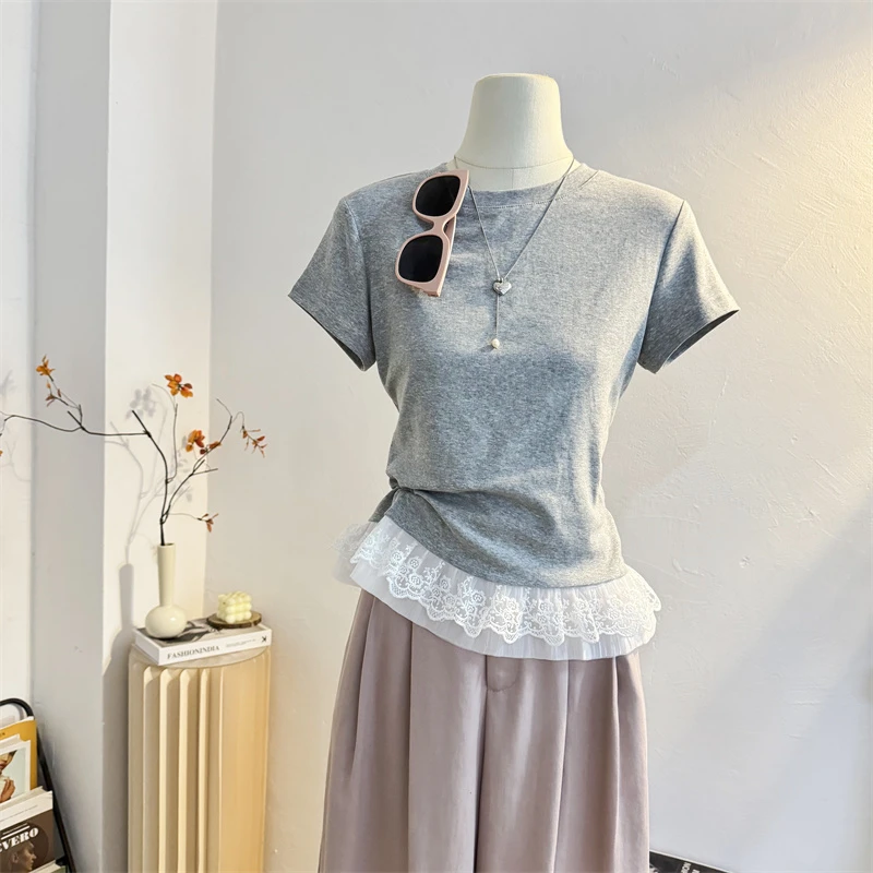 下摆拼接蕾丝花边短袖T恤女2025春夏韩系甜美修身内搭打底衫上衣