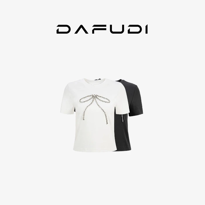 【T恤】夏季新甜酷百搭水钻蝴蝶结正肩短袖T恤上衣Z6558