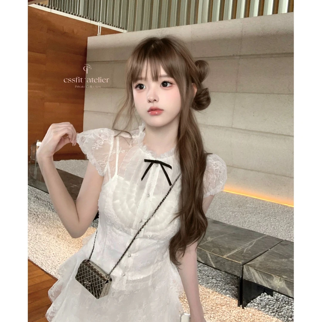 【中古情书】韩系甜美少女2025夏季新款性感蕾丝衬衫配蛋糕短裙套装